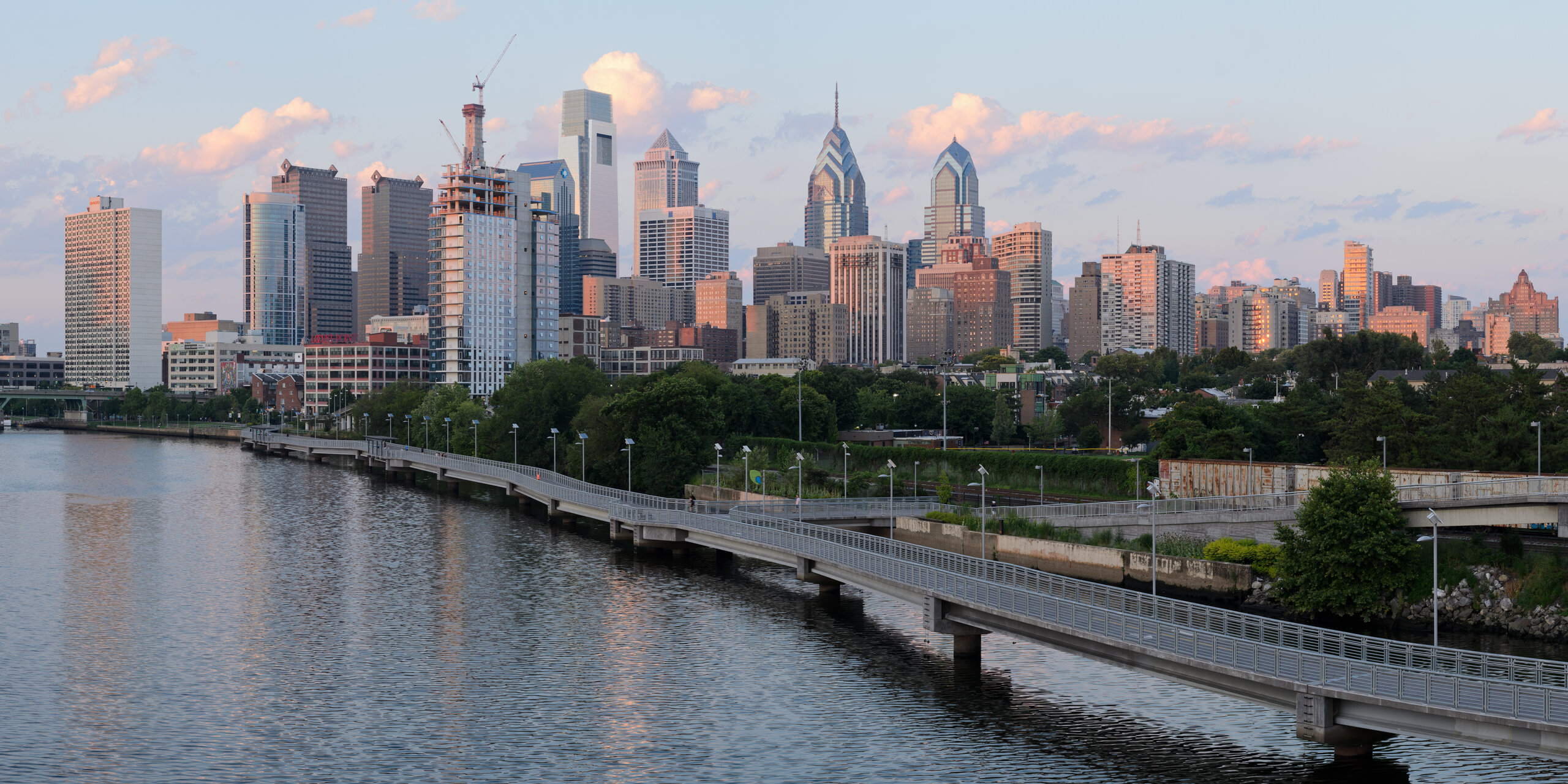 Philadelphia skyline panorama from the South Street Bridge across the Schuylkill River